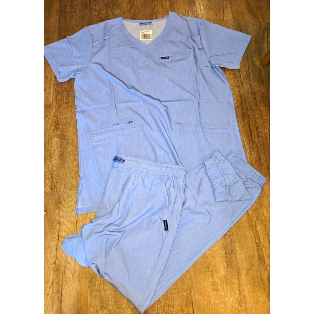Ariat Men's Scrub Set L Light Blue Heather Solid Stretch Top & Pants